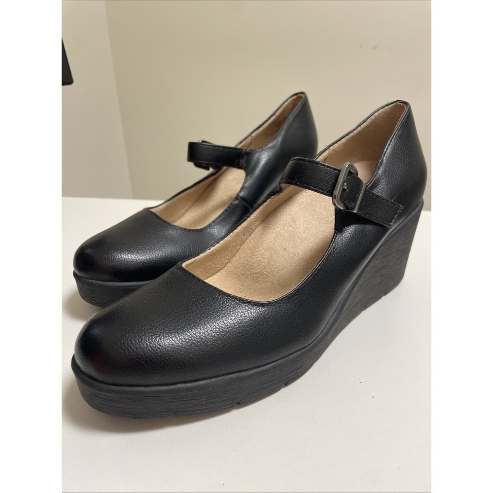 Naturalizer Soul Black Leather Platform Mary Jane Wedge Heels Size 8